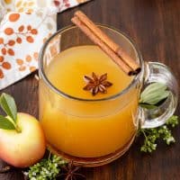 Square image of Warm Apple Cider Cocktail in clear glass with star anise and cinnamon stick next to apple.