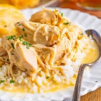 Close up looking at a serving of Crock Pot Chicken and Gravy.