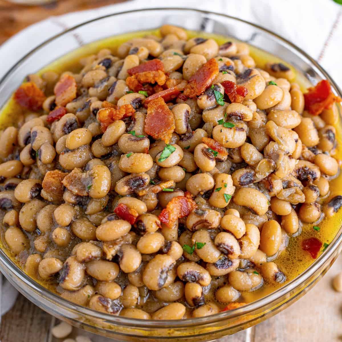 Close up square image of Southern Black Eyed Peas in bowl.